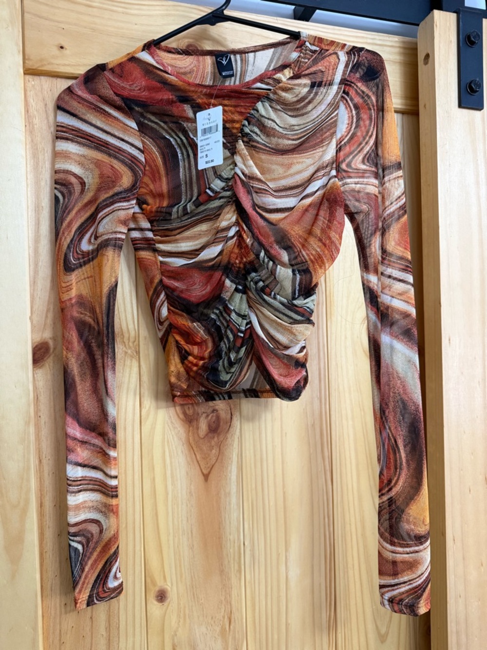 Woven Heart Ruched Long-Sleeve Crop Top - Brown Multi Swirl